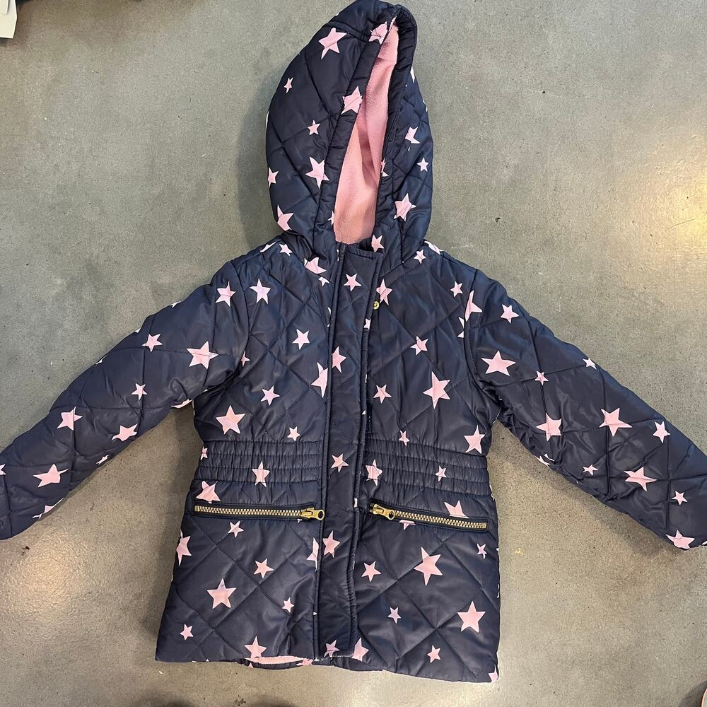Osh Kosh Navy blue pink star quilted puffer hooded jacket youth girls size 6
